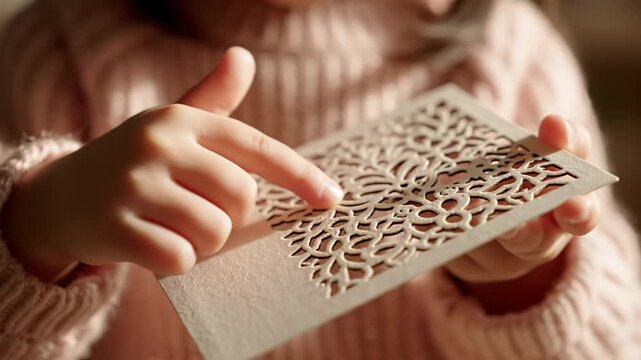 Child's hands delicately explore intricate cut-out card design, showcasing tactile engagement with textured paper in a softly lit indoor setting