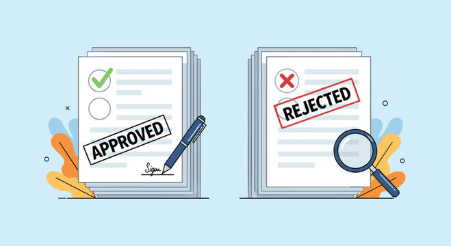 Comparative view of two stacks of documents representing approved and rejected applications in a professional business review process.