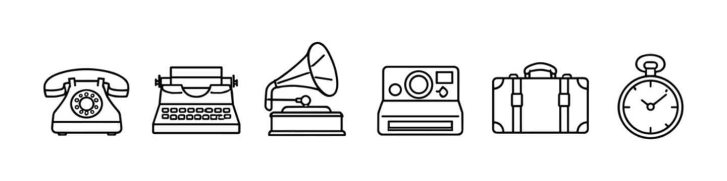 Collection of vintage technology icons: telephone, typewriter, gramophone, camera, suitcase, and watch