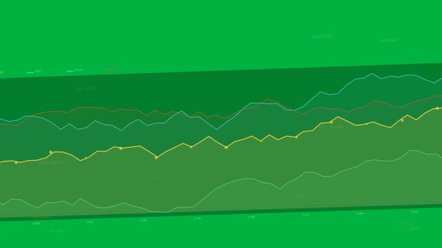 On update layered area chart filling rightward, showing earnings tickers with transparent bg