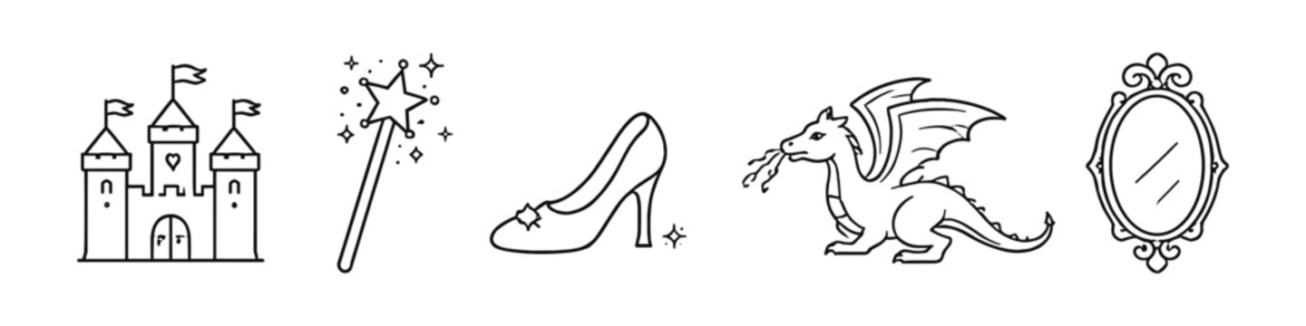 Fairy tale icons including a castle, magic wand, glass slipper, dragon, and ornate mirror