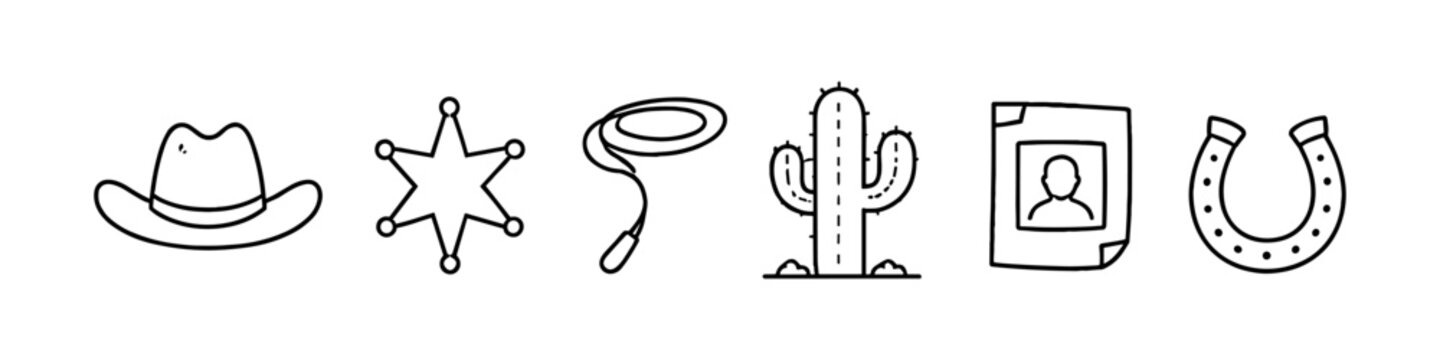 Collection of hand-drawn western icons including cowboy hat, sheriff badge, and cactus