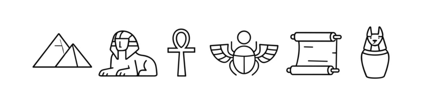 Collection of ancient Egyptian symbols including pyramids, sphinx, ankh, scarab, scroll, and sarcophagus