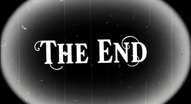 A cinematic film ending title screen with the words the end in a stylized white font on a black background with a gray gradient circle and distressed texture
