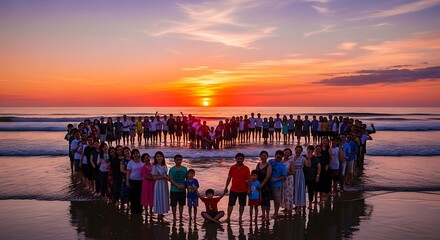 Obraz premium Sunset Beach Circle of People Gathering on Sand.