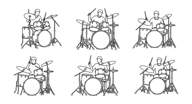 Six depictions of drummers playing their drum sets in a minimalist style