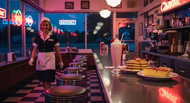 Neon lit retro diner counter with milkshake, pancakes, and dessert at night