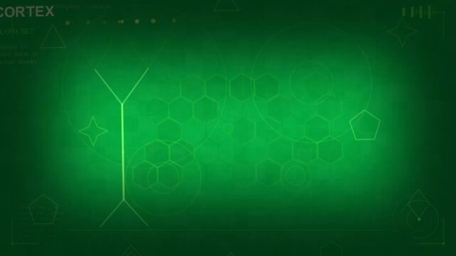 Frame 1 starting on pixel band, HUD animating neon hexes, rotating rings, Y-branch lighting, CORTEX