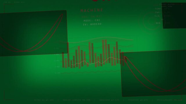 Transparent HUD opening, crypto HUD animating bars and lines, gauge pulsing, visualizing markets
