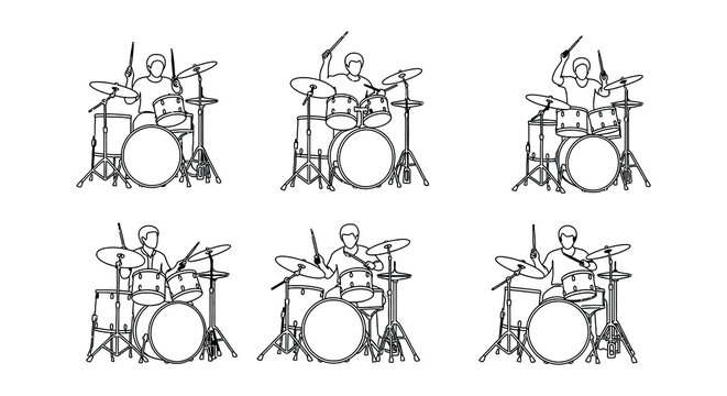 Six depictions of drummers playing their drum sets in a minimalist style