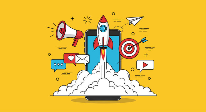 Integrated marketing and startup growth concept showing a rocket launching from a smartphone with various digital communication icons.