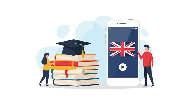 Online English language learning and education concept with a smartphone showing a British flag next to a stack of books and graduation hat.