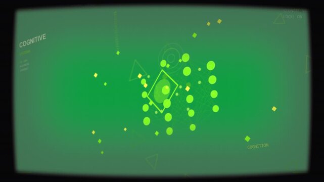 Diamond appearing, neon-green net growing, linking nodes, highlighting nucleus on transparent bg