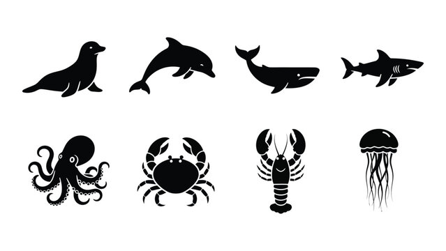 A collection of marine animals a seal dolphins whales sharks octopus and crustaceans in silhouette high quality professional detailed modern elegant