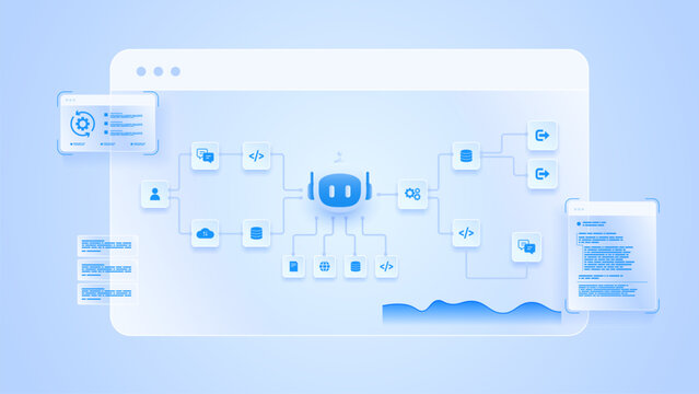 AI workflow automation artificial intelligence. ai agent workflow diagram dashboard machine learning showing node input, processing flow panel, coding panel and process flow.
