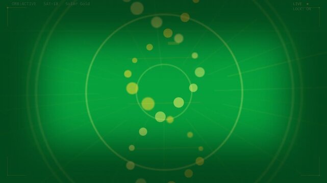 Reticle activating, emitting orbiting gold nodes through rings for scanning on transparent backdrop