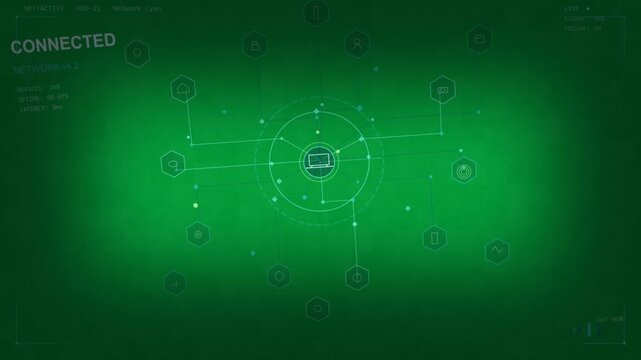 On CONNECTED laptop UI growing linking hexes pulsing node mapping network on transparent background