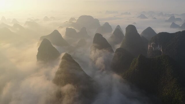 Yangshuo Karst Mountains Low Clouds Sunrise Aerial Guilin China