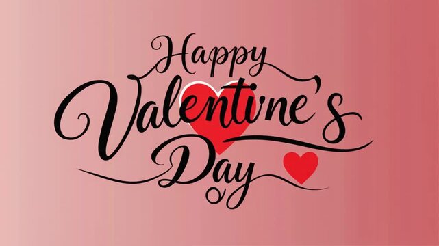 Close-up of elegant black cursive calligraphy reading Happy positioned above a red heart symbol on a pink gradient background, suitable for Valentine's Day greeting card design.