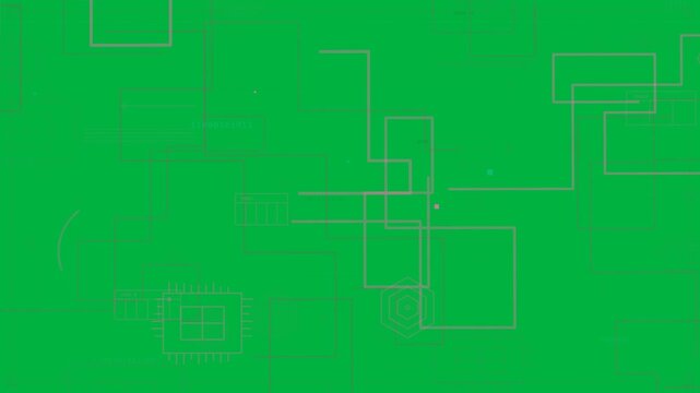 Zooming in tech circuit growing, cyan data moving, nodes pulsing on transparent HUD for mapping