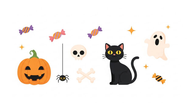 Cute Halloween vector set with pumpkin black cat ghost candy skull and spooky elements in playful cartoon style