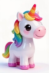 Fototapeta premium Chibi unicorn with rainbow mane, shiny plastic texture, Etsy trending toy, white background