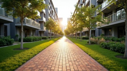 Naklejka premium A serene brick pathway lined with trees and modern apartment buildings bathed in golden sunlight.