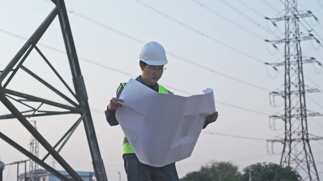 Engineer construction blueprint power line utility inspection planning infrastructure hard hat safety vest electricity transmission tower engineer