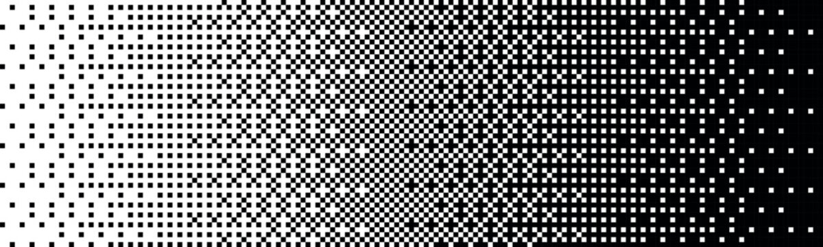 Abstract black white pixel pattern, geometric square grid, halftone density transition, optical digital texture. Banner, wallpaper, technology backdrop, poster, modern template. Vector illustration.