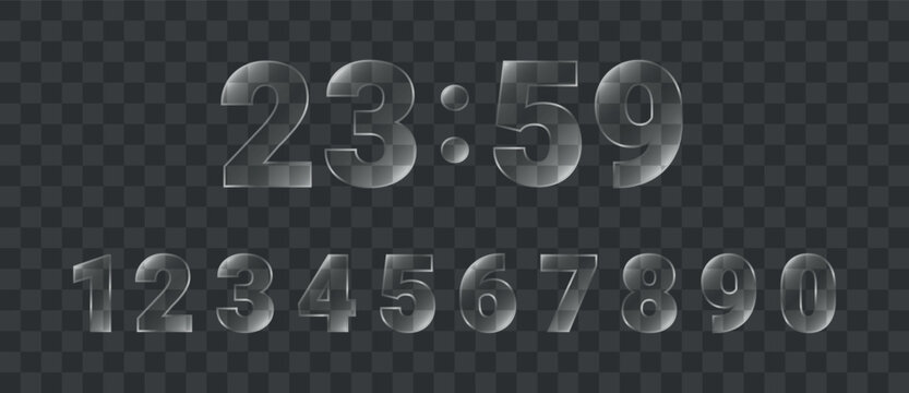 Transparent glass numbers set, clock time, glossy crystal numerals, realistic countdown display. UI, app, timer, countdown, digital interface, futuristic template. Vector illustration