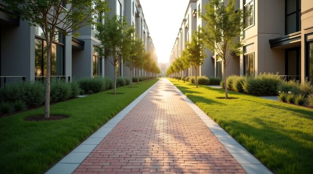 A serene brick pathway lined with trees and modern townhouses bathed in golden sunlight.