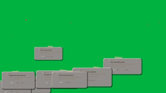 Alert cards rising from below stacking drifting exiting top on transparent background showing flow