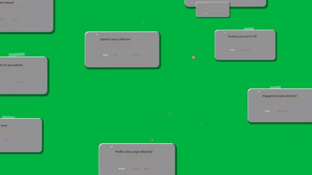 Alerts driving panels sliding along arcs, clustering, receding to show feed on transparent black