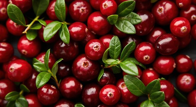 Close-up of fresh, ripe cranberries with green leaves, showcasing vibrant red color and natural texture.