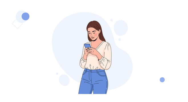 Young woman using a smartphone, modern illustration with abstract shapes