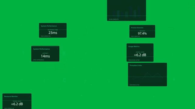Abstract HUD receiving pulse, forming three rings, animating dotted path, showing metric panels