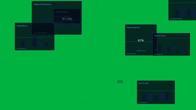 Central node appearing triggers rays, panels updating metrics, right node pulsing on clear bg