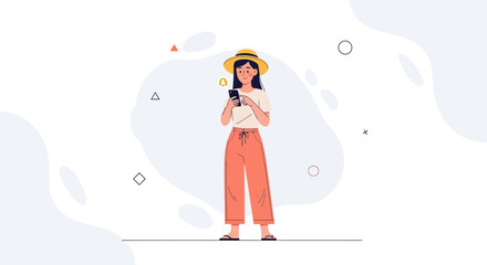 Obraz premium Young Woman in Summer Hat Using Smartphone with Notification Alert