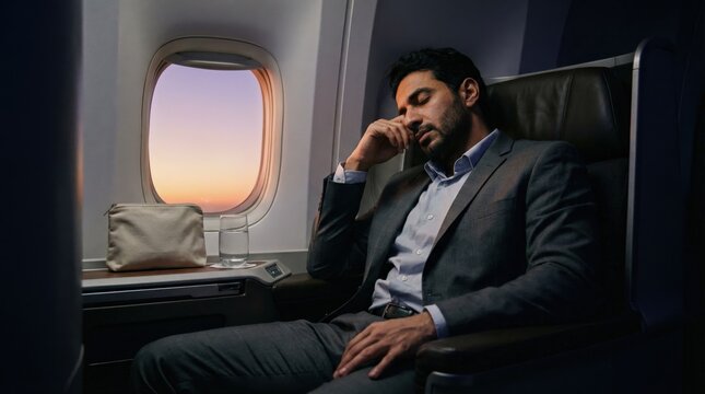Business traveler asleep in airplane window seat during sunset