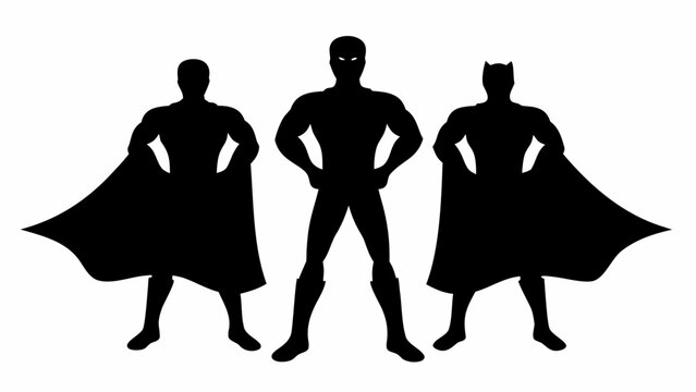Dynamic silhouette trio of diverse superheroes with flowing capes standing confidently against a stark white background symbolizing strength unity and heroic power for comic book