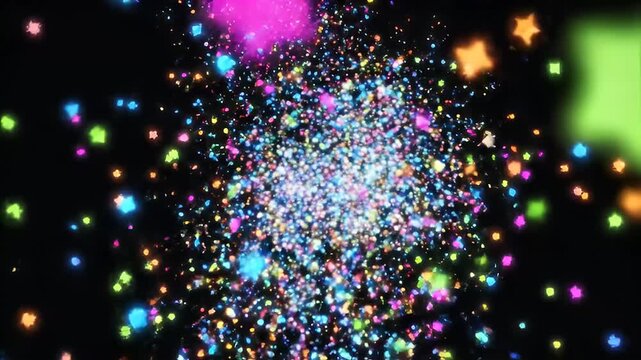 Colorful abstract light particles bursting on a black background
