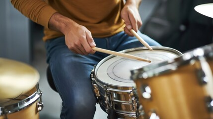 Obraz premium Person playing snare drum using drumsticks enjoying music