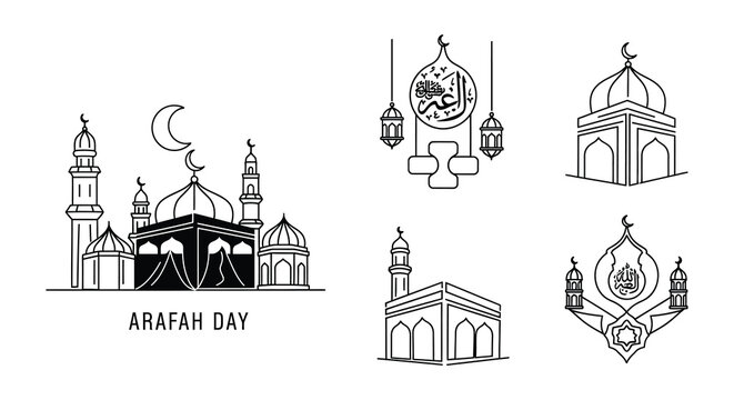 Line art illustration of islamic architecture and arafah day calligraphy