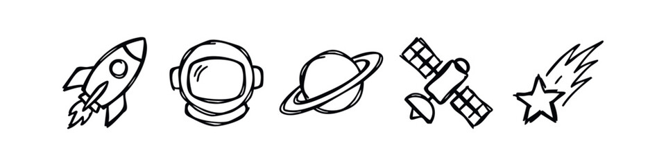 Hand drawn space exploration icons set, doodle style galaxy and astronaut symbols © liubomir118809