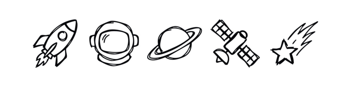 Hand drawn space exploration icons set, doodle style galaxy and astronaut symbols