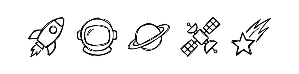 Hand Drawn Space Icons Set. Rocket, Astronaut Helmet, Saturn, Satellite, and Shooting Star Doodles. © liubomir118809