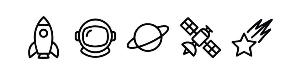 Minimalist Space Line Icons Set. Outline Rocket, Astronaut Helmet, Saturn, Satellite, and Shooting Star Vector. © liubomir118809
