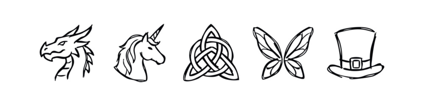 Hand Drawn Fantasy Creature and Mythology Icons Set. Doodle Dragon, Unicorn, Celtic Knot, Fairy Wings, and Leprechaun Hat.