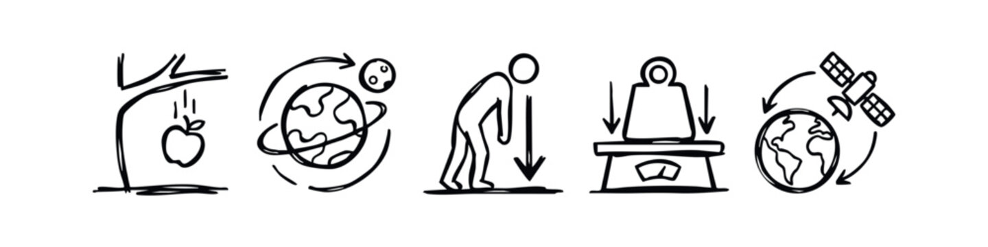 Hand Drawn Gravity Icons Set. Doodle Apple, Orbit, Weight, and Satellite Demonstrating Physics.
