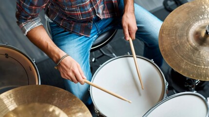 Obraz premium Musician drumming rhythm on a drum kit, top view